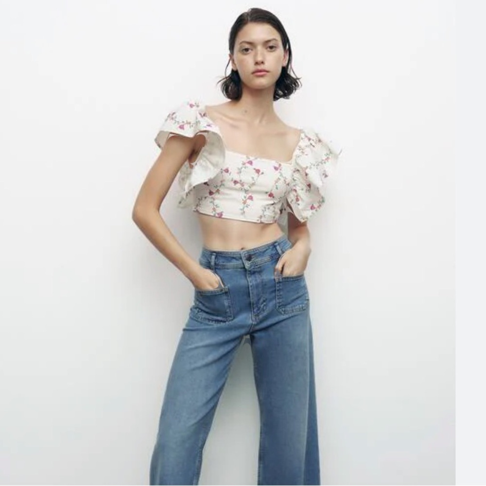 zara floral white crop top